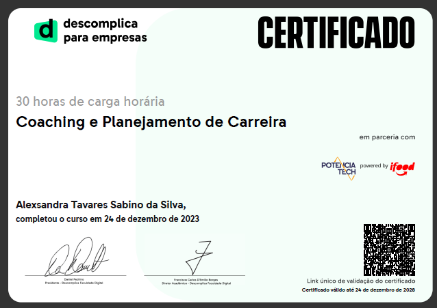 Certificado Coaching e Plnejamento - Descomplica, Potencia Tech e IFood